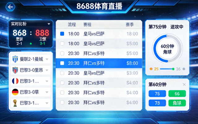 8688体育直播界面展示实时比分、赛程和比赛追踪